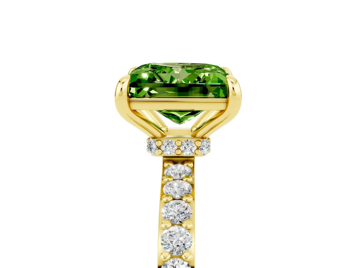 Princess Cut Peridot Solitaire Engagement Ring with Pavé Band and Four-Prong Setting Yellow gold