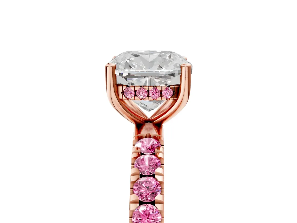 Cushion Cut Diamond Pave Band Solitaire Ring with Round Pink Sapphire and Prong Setting Rose gold