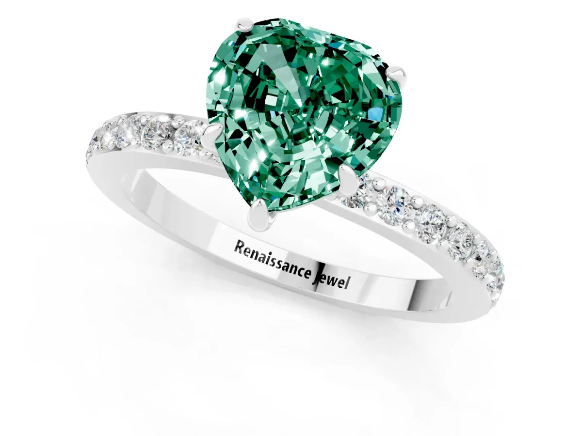 Heart Cut Green Sapphire Solitaire Engagement Ring with Pavé Band and Four-Prong Setting White gold