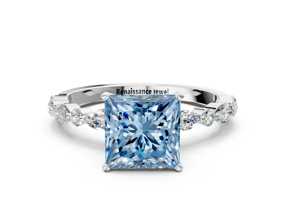 Fancy Blue Princess Cut Diamond Ring with Marquise and Round Side Stones and Four-Prong Setting White gold