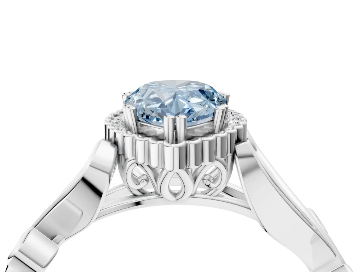 Fancy Blue Pear Cut Diamond Halo Ring with Vintage Split Shank and Four-Prong Setting Platinum
