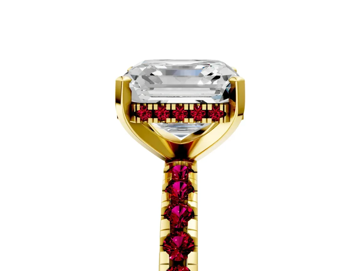 Asscher Cut Diamond Solitaire Ring with Round Garnet Pavé Band and Four-Prong Setting Yellow gold