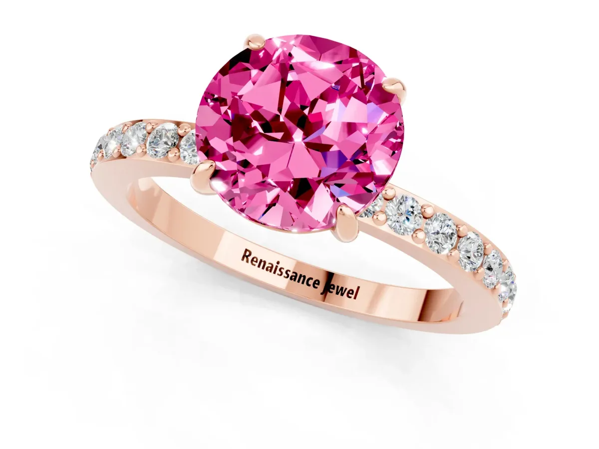 Round Cut Pink Sapphire Solitaire Engagement Ring with Pavé Band and Four-Prong Setting Rose gold