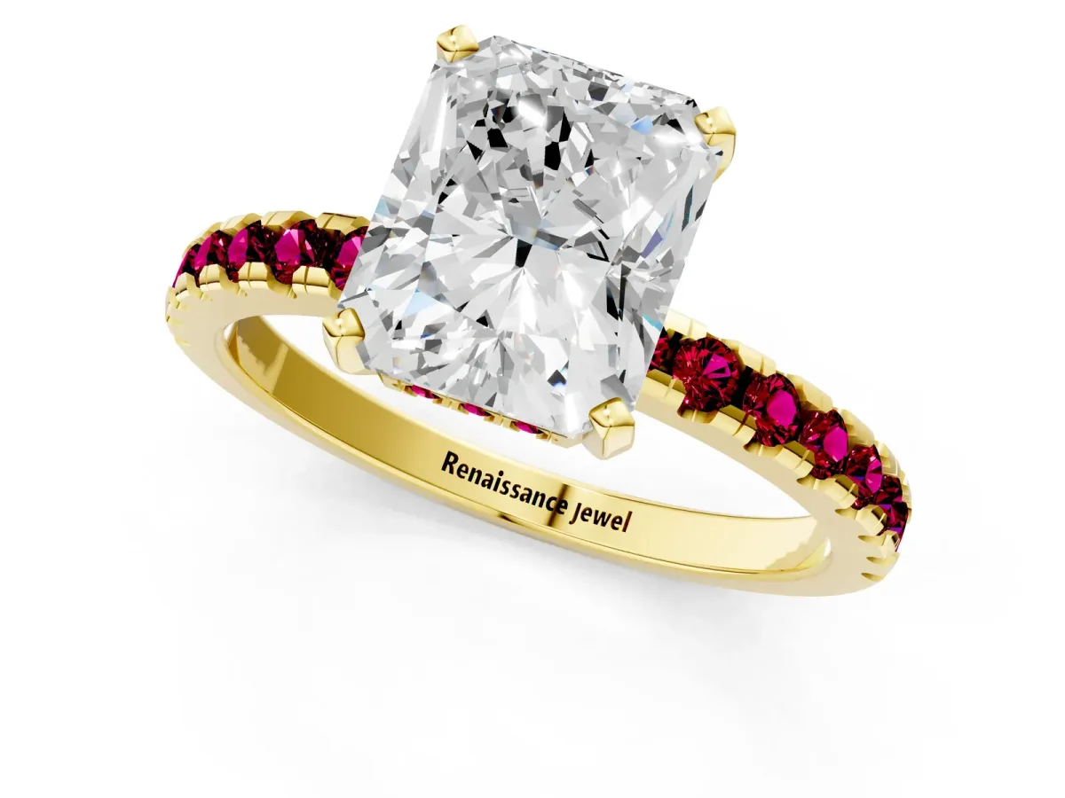 Radiant Cut Diamond Solitaire Ring with Round Garnet Pavé Band and Four-Prong Setting Yellow gold
