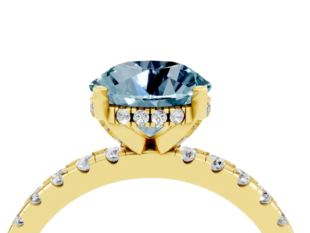 Round Cut Aquamarine Solitaire Ring with Round Pavé Band and Four-Prong Setting Yellow gold