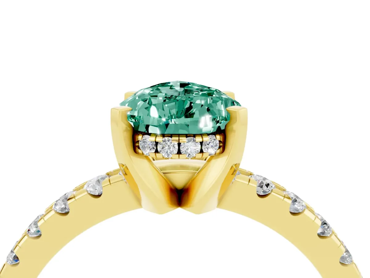 Pear Cut Green Sapphire Solitaire Ring with Round Pavé Band and Four-Prong Setting Yellow gold