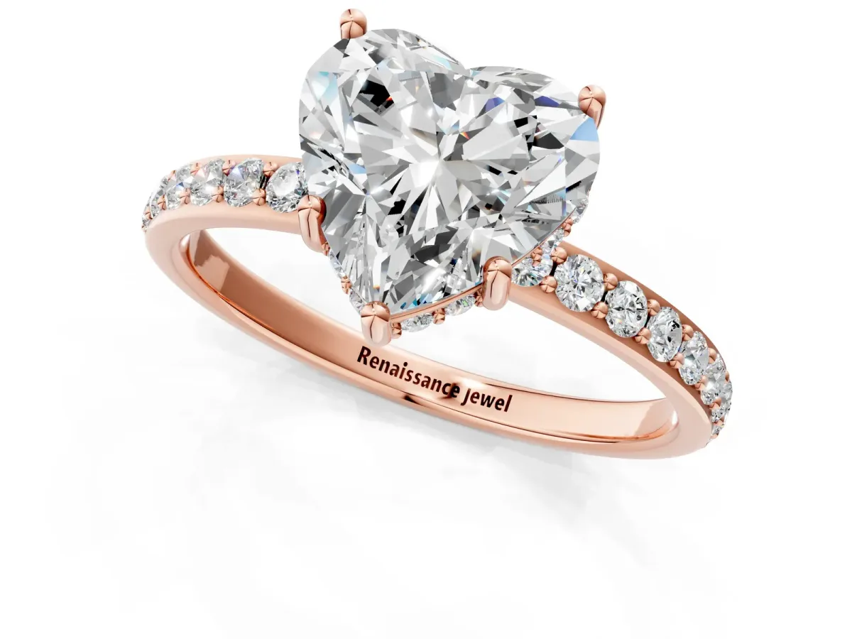 Heart Cut Diamond Solitaire Ring with Pavé Band and Hidden Halo Rose gold