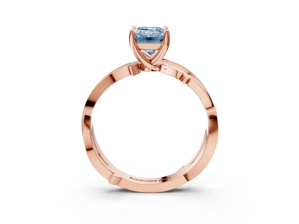 Fancy Blue Emerald Cut Solitaire Twist Band with Pavé Accents and Four-Prong Setting Rose gold