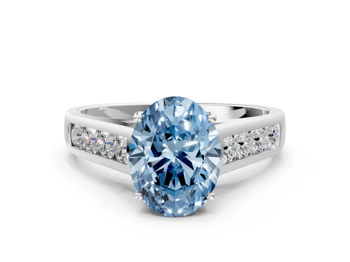 Fancy Blue Oval Cut Brilliant Channel-Set Solitaire Ring with Four-Prong Setting White gold
