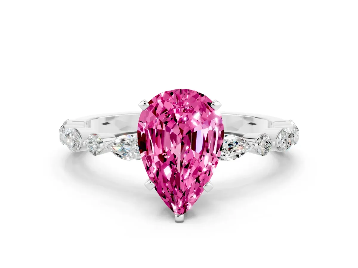 Pear Cut Pink Sapphire Ring with Marquise and Round Side Stones and Four-Prong Setting White gold