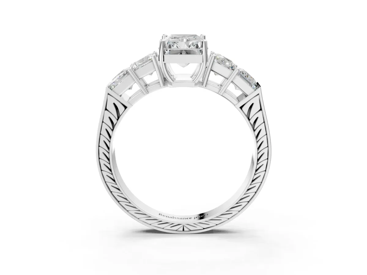 Radiant Cut Solitaire Princess Side Stone Engraved Band Prong Setting Ring Silver