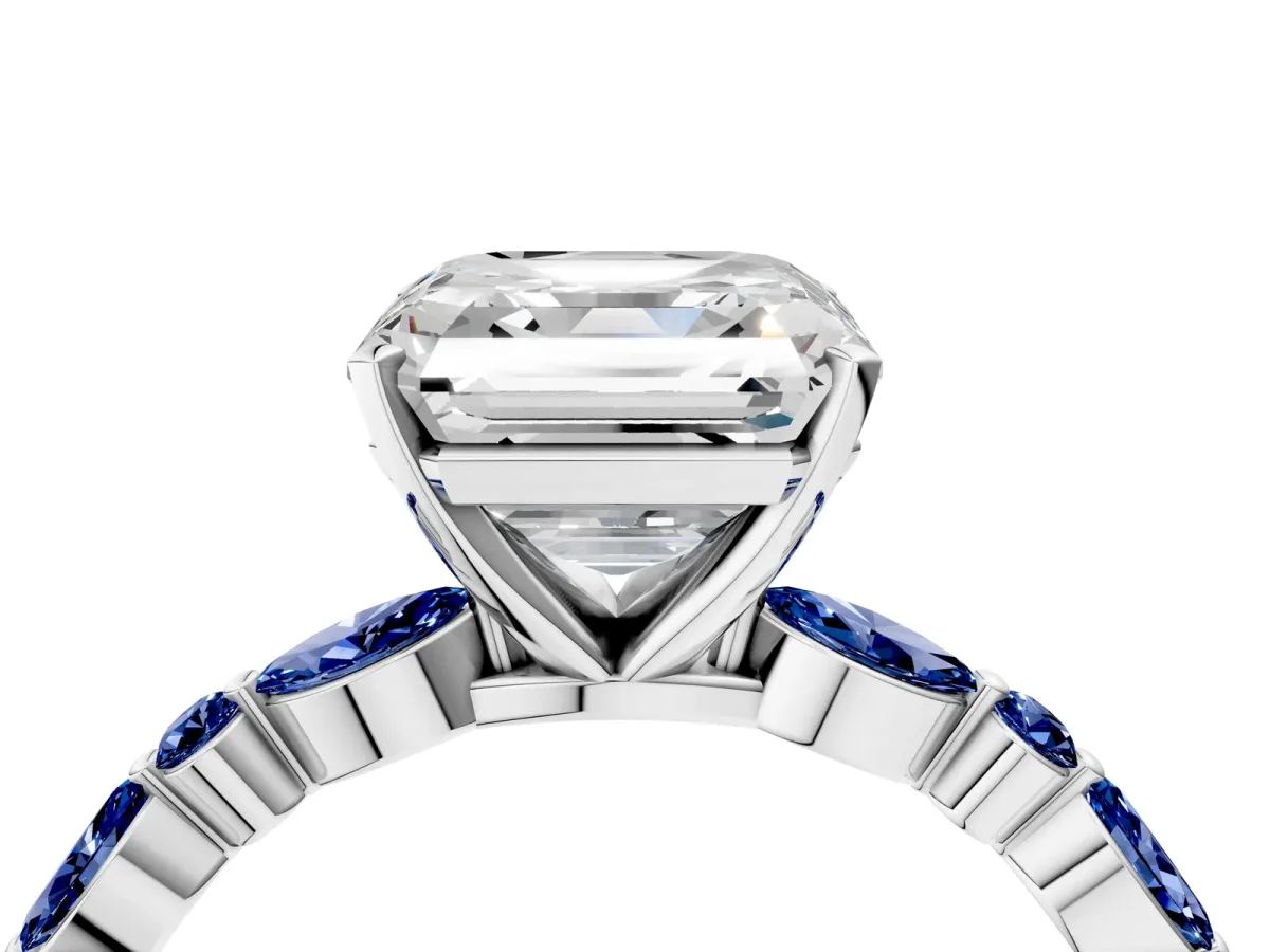 Asscher Cut Diamond Ring with Marquise and Round Blue Sapphire Side Stones and Four-Prong Setting White gold