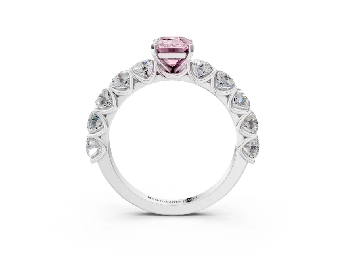 Fancy Pink Emerald Cut Diamond Prong Setting with Side Stones on a Pave Band Silver