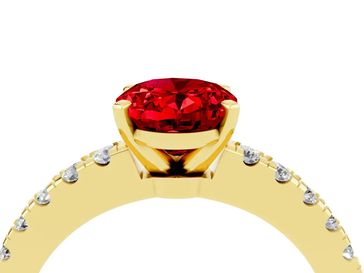 Oval Cut Solitaire Ruby with Pavé Band and Four-Prong Setting Yellow gold