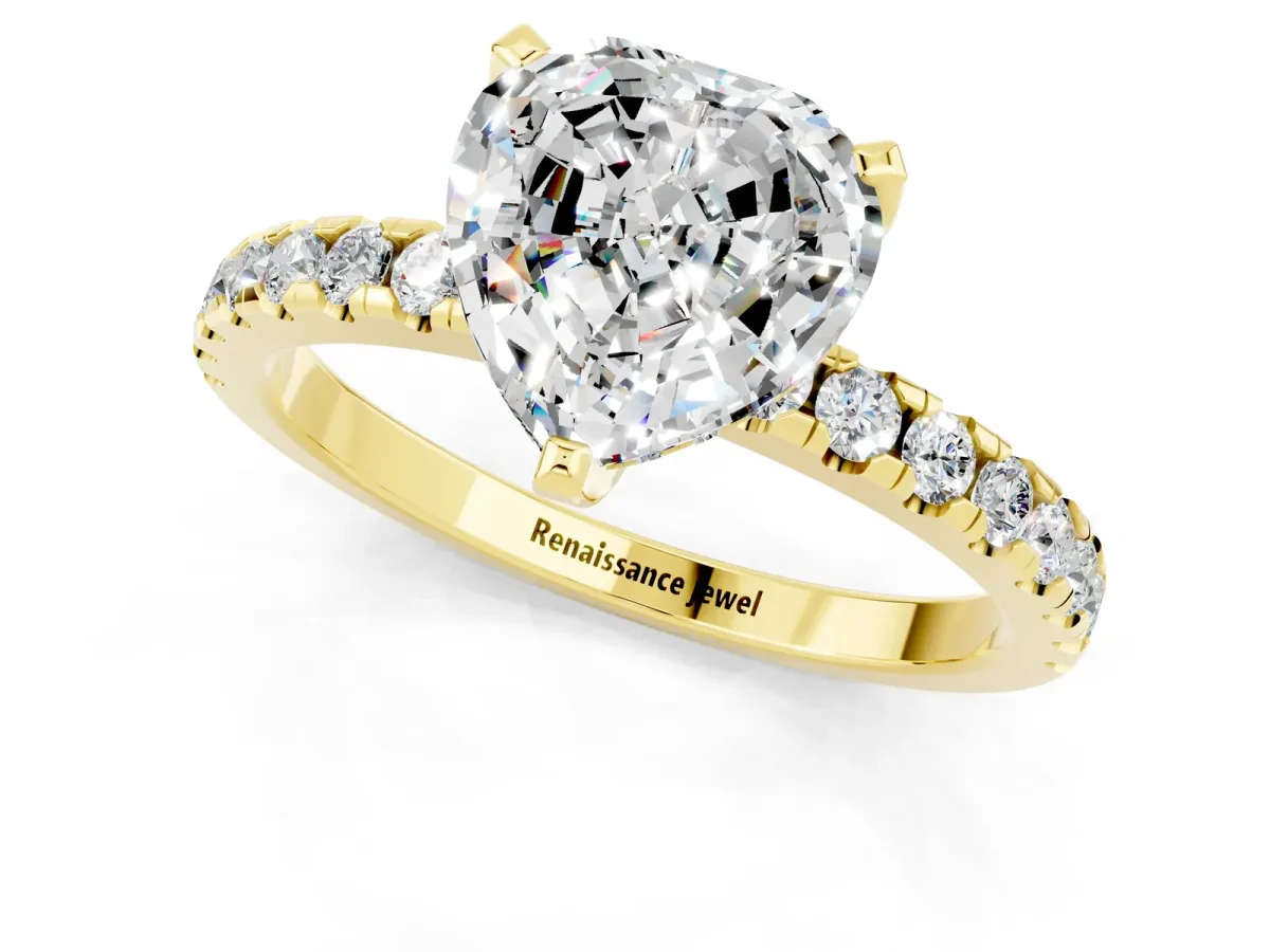 Heart Cut Moissanite Solitaire Ring with Round Pavé Band and Four-Prong Setting Yellow gold