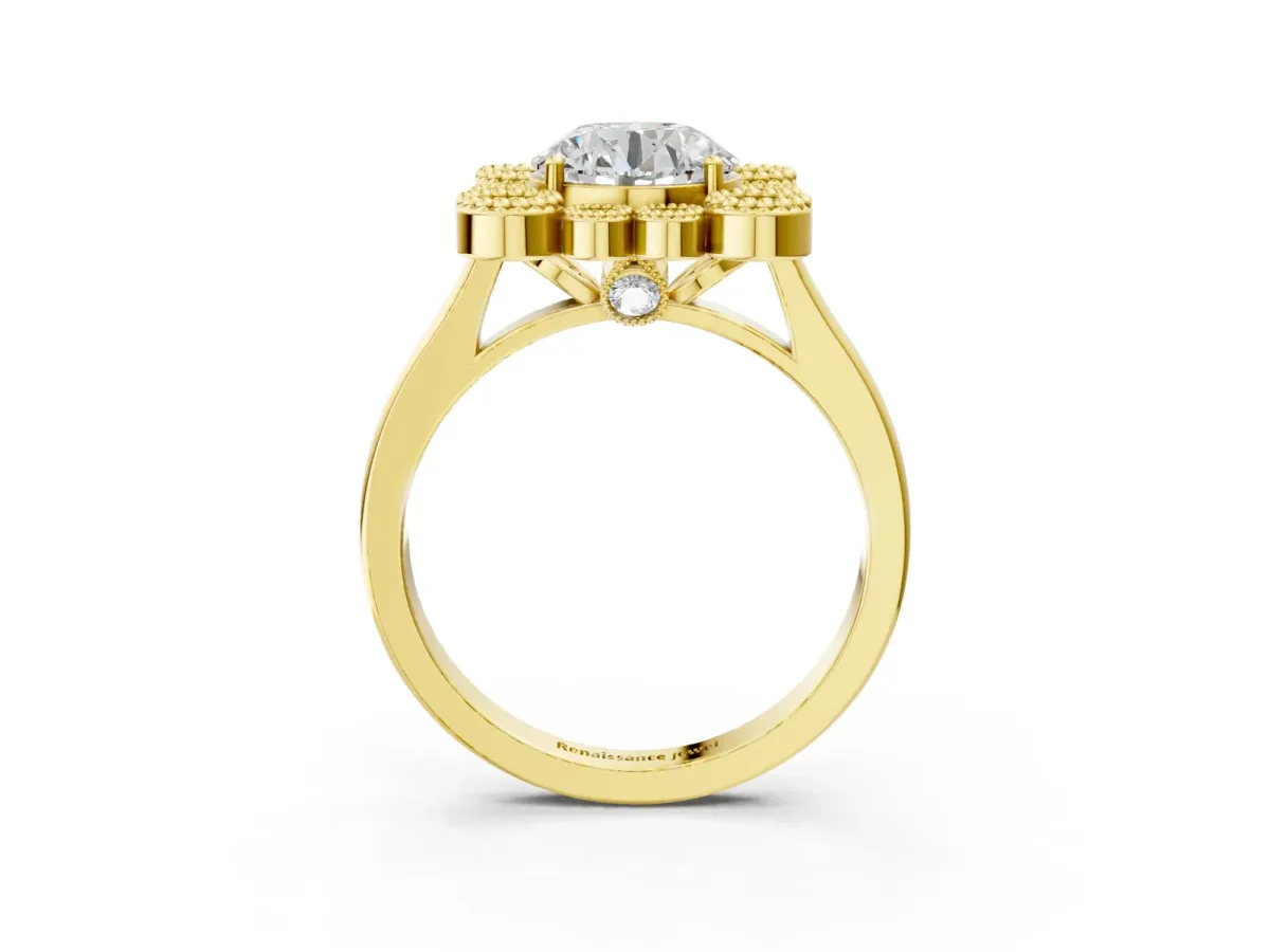 Round Cut Halo Diamond Cluster Engagement Ring with Milgrain Bezel Setting and Solitaire Band Yellow gold