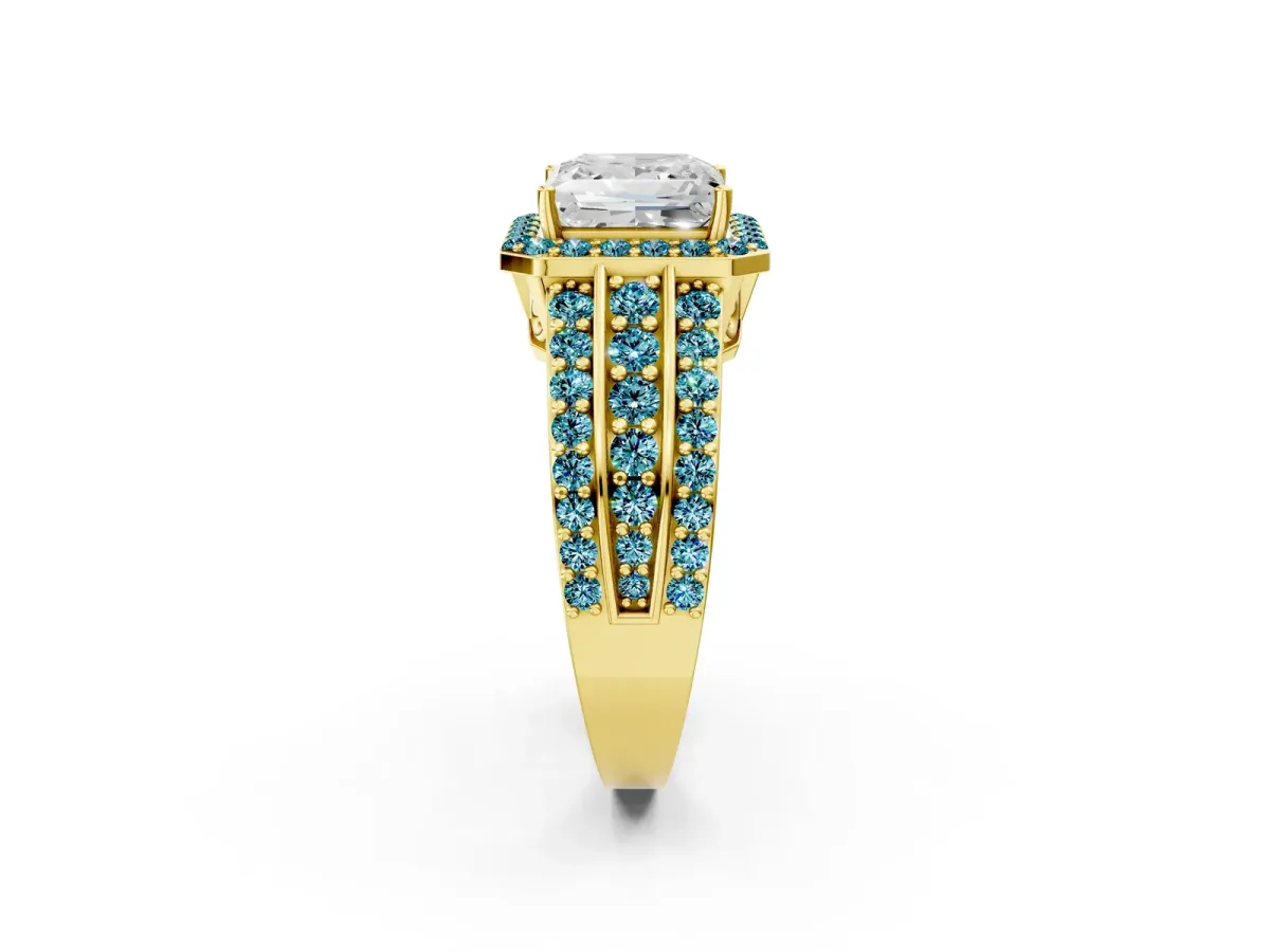 Princess Cut Halo Diamond Ring with Round Blue Topaz Split Shank and Prong Setting Yellow gold