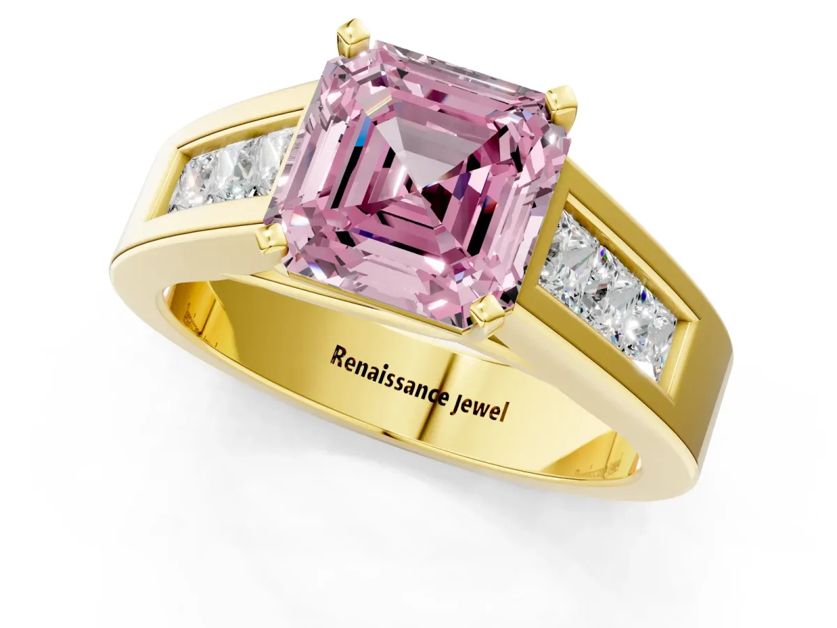 Fancy Pink Asscher Cut Cut Channel Set Solitaire Ring with Four-Prong Setting Yellow gold