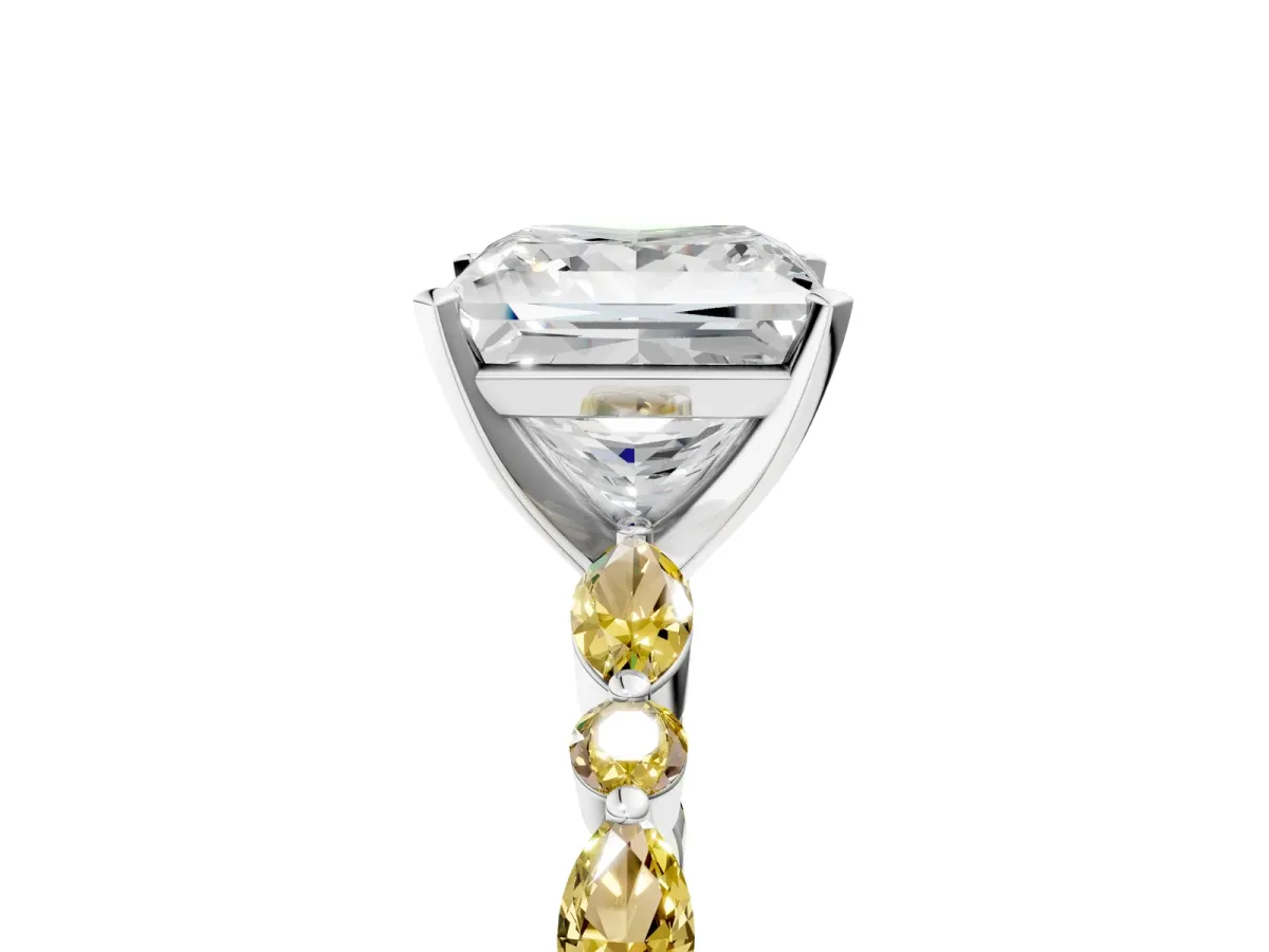 Princess Cut Diamond Ring with Marquise and Round Yellow Sapphire Side Stones and Four-Prong Setting Silver