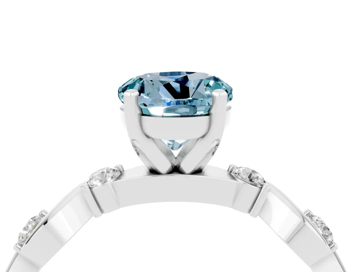 Round Cut Aquamarine Solitaire Twisted Band with Round Accents and Prong Setting White gold