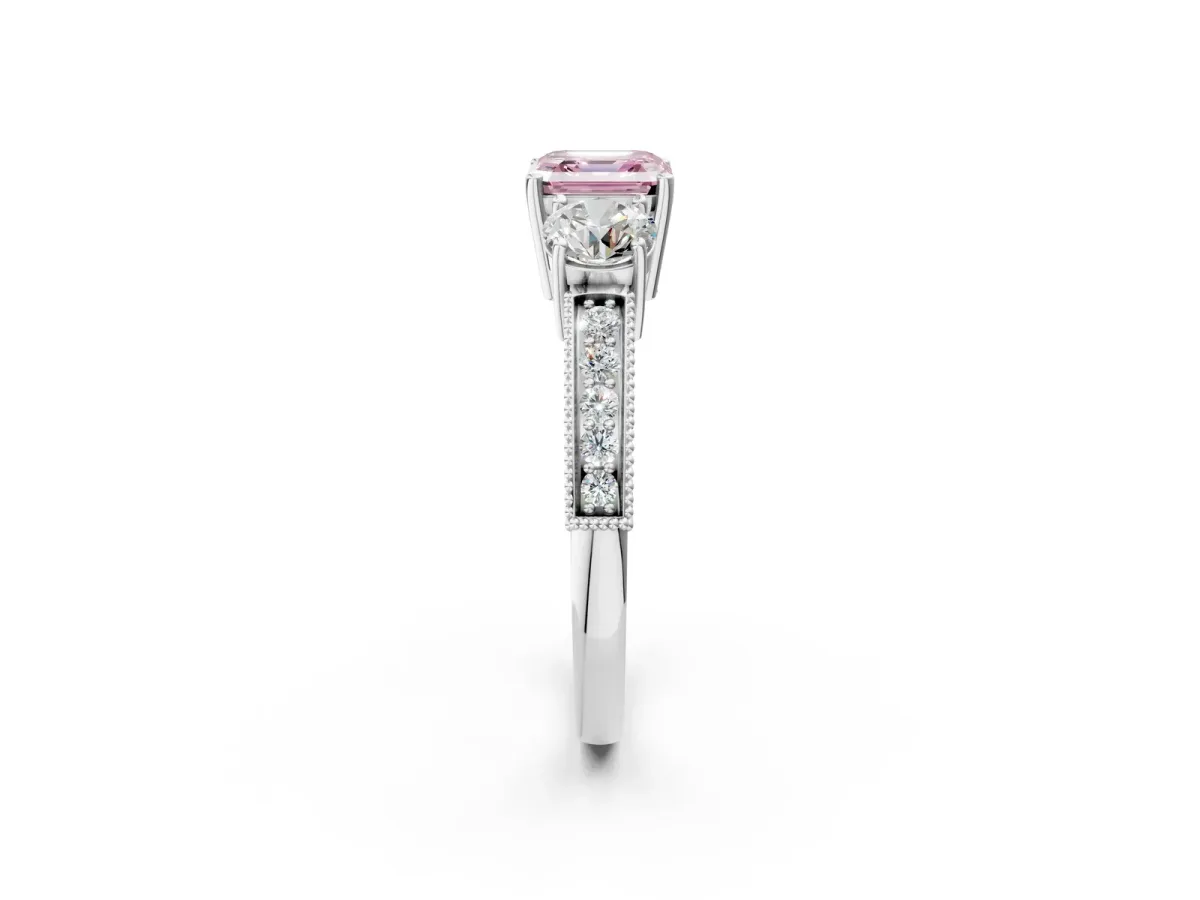 Fancy Pink Asscher Cut Three-Stone Diamond Ring with Pavé Band and Four-Prong Setting Platinum
