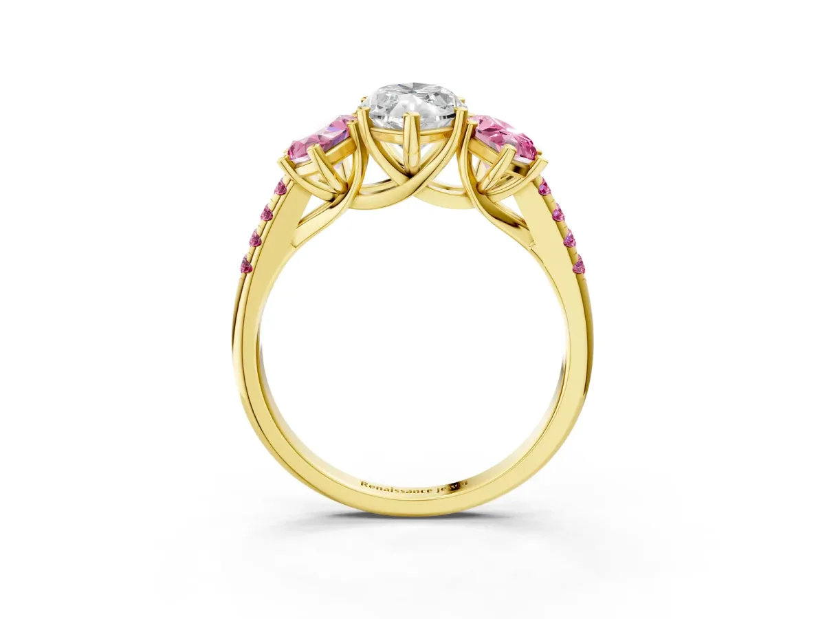 Three-Stone Marquise Cut Diamond Ring with Round Pink Sapphire Pavé Band and Prong Setting Yellow gold