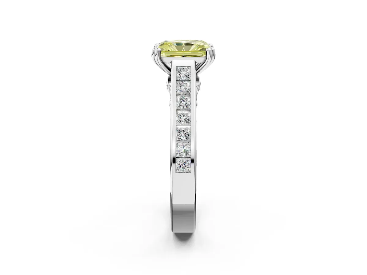 Fancy Yellow Radiant Cut Cut Channel Set Solitaire Engagement Ring with Prong Setting Platinum