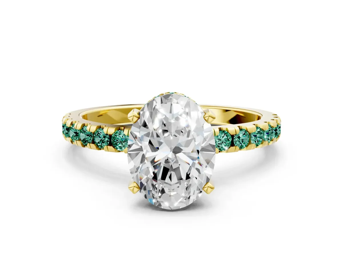 Oval Cut Diamond Solitaire Ring with Round Green Sapphire Pavé Band and Four-Prong Setting Yellow gold
