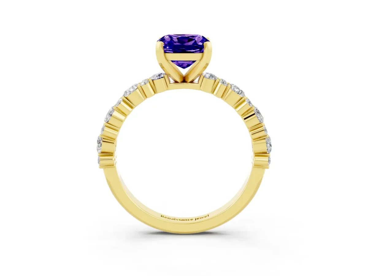 Cushion Cut Tanzanite Side Stone Solitaire Ring with Round and Four-Prong Setting Yellow gold