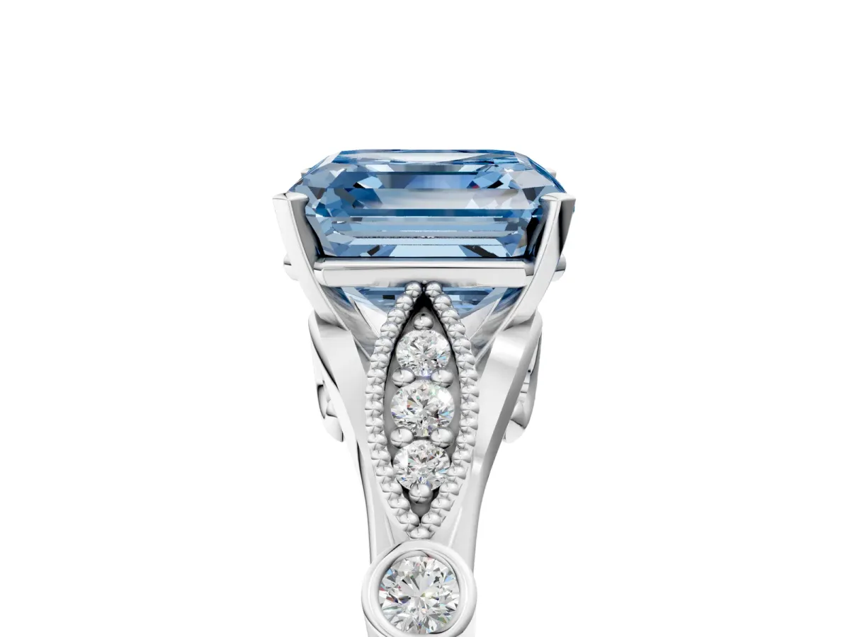 Fancy Blue Asscher Cut Cut Diamond with Milgrain Marquise and Bezel Accents on a Solitaire Band with Prong Setting Silver