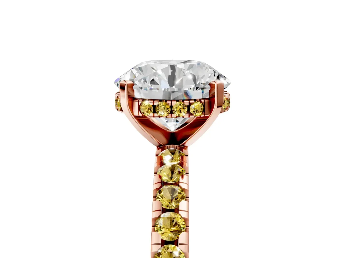Round Cut Diamond Solitaire Ring with Round Yellow Sapphire Pavé Band and Four-Prong Setting Rose gold