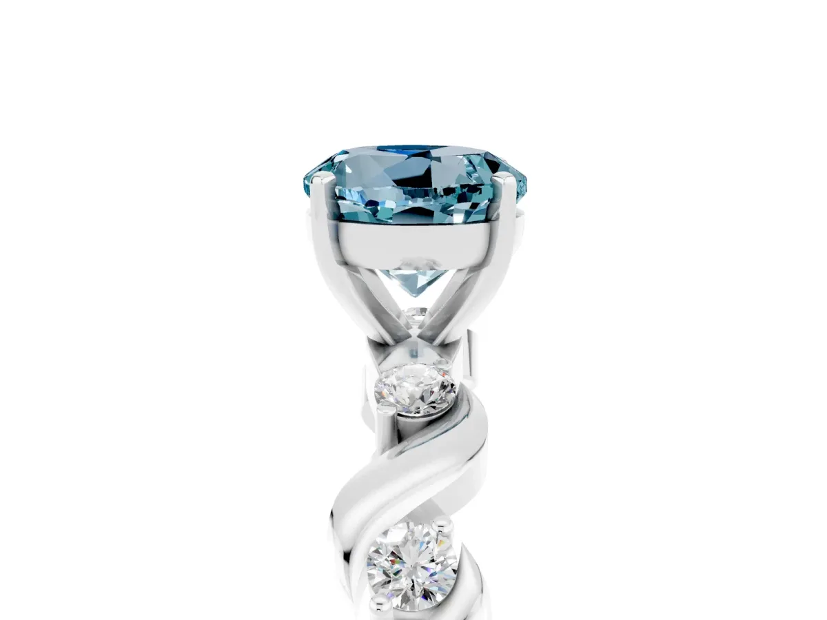 Round Cut Aquamarine Solitaire Twisted Band with Round Accents and Prong Setting White gold
