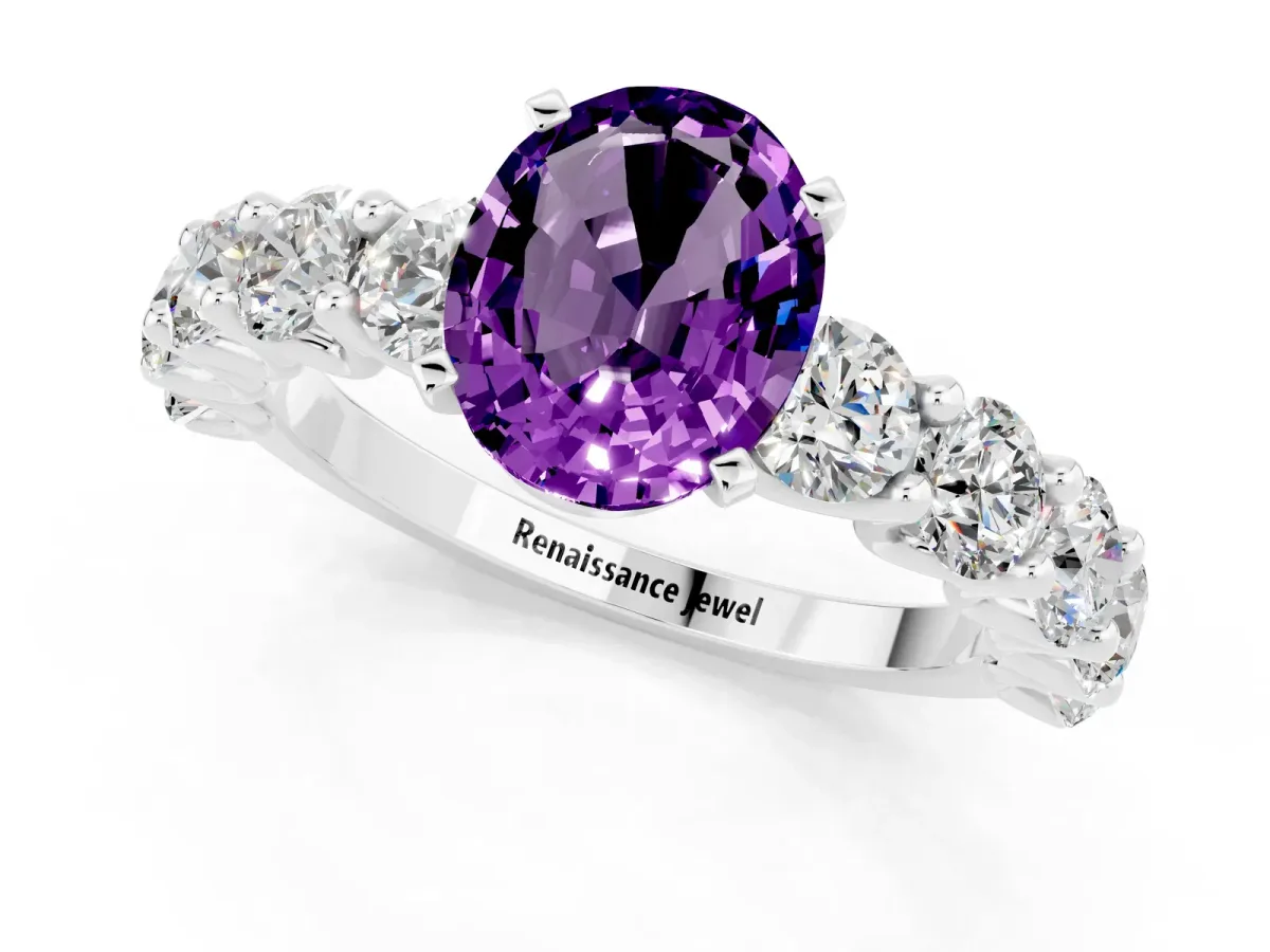 Oval Cut Amethyst Prong Setting with Side Stones on a Pave Band Silver