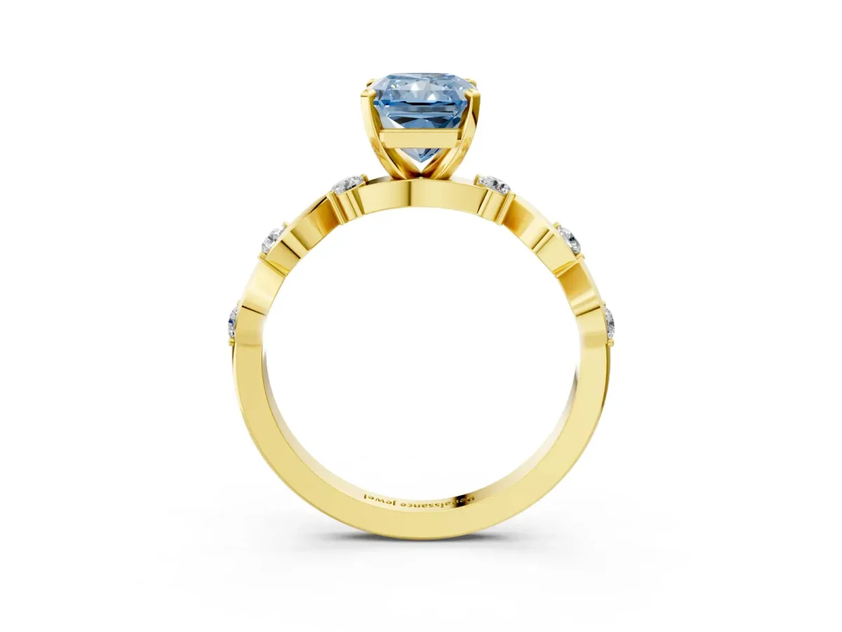 Fancy Blue Radiant Cut Diamond Solitaire Twisted Band with Round Accents and Prong Setting Yellow gold