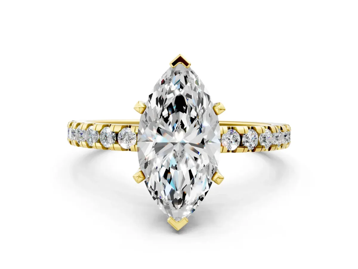 Marquise Cut Diamond Solitaire Ring with Round Pavé Band and Four-Prong Setting Yellow gold