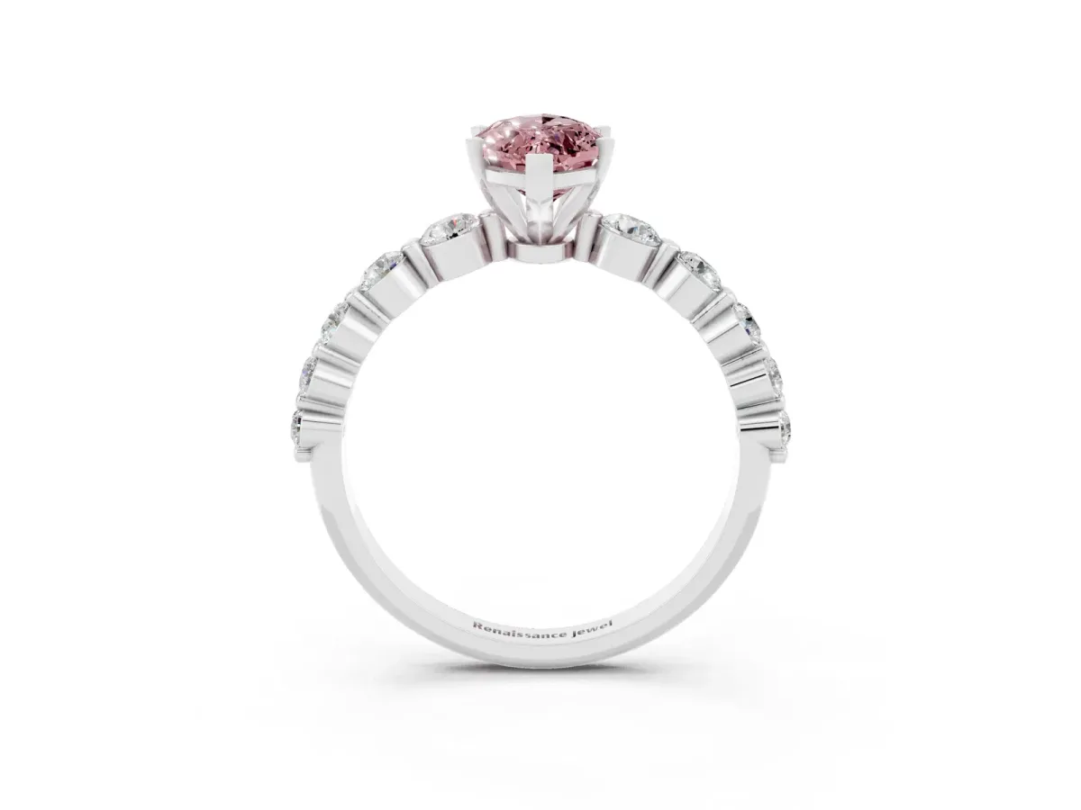 Marquise Cut Solitaire Morganite Ring with Pave Band and Four-Prong Setting Silver