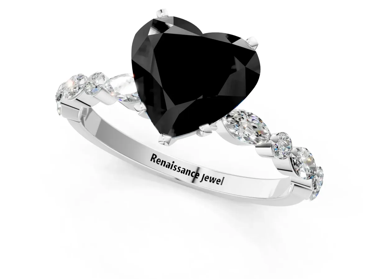 Fancy Black Heart Cut Diamond Ring with Marquise and Round Side Stones and Four-Prong Setting White gold