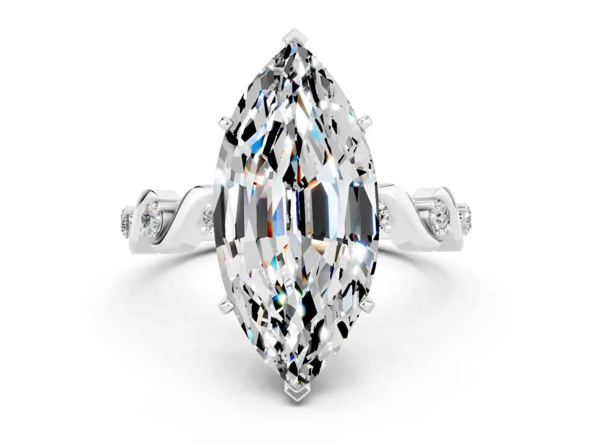 Marquise Cut Moissanite Solitaire Twisted Band with Round Accents and Prong Setting White gold