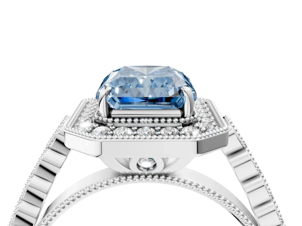 Fancy Blue Radiant Cut Halo Milgrain Solitaire with Bezel Set Side Stones and Pave Band Platinum