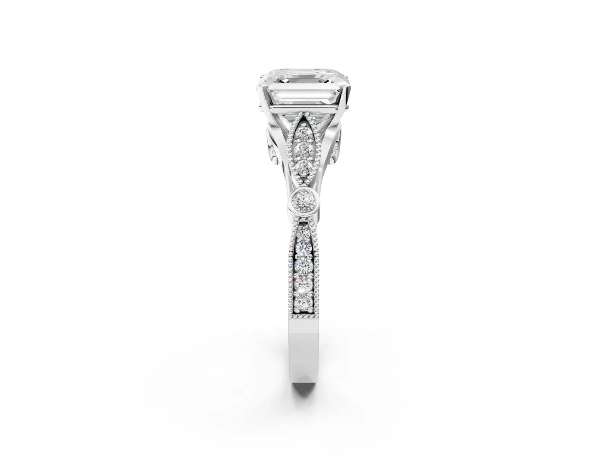 Asscher Cut Cut Diamond with Milgrain Marquise and Bezel Accents on a Solitaire Band with Prong Setting Silver