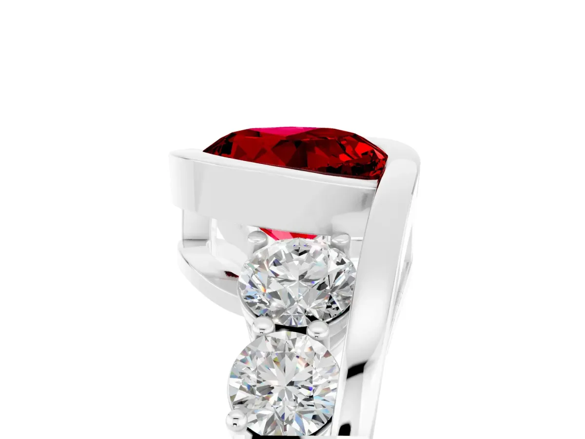 Bezel Set Round Cut Ruby Bypass Ring with Round Accents Silver