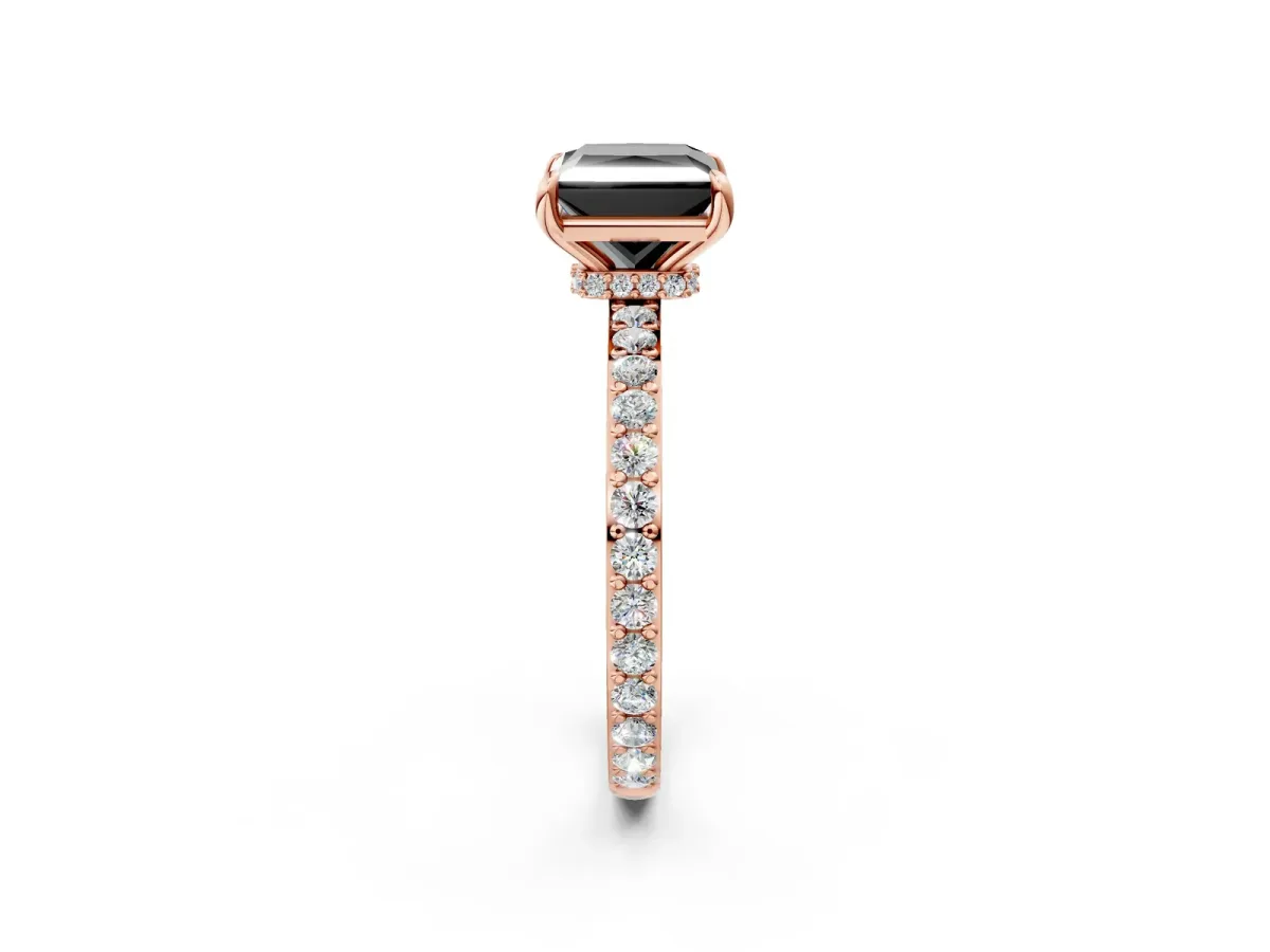 Fancy Black Princess Cut Diamond Solitaire Engagement Ring with Pavé Band and Four-Prong Setting Rose gold