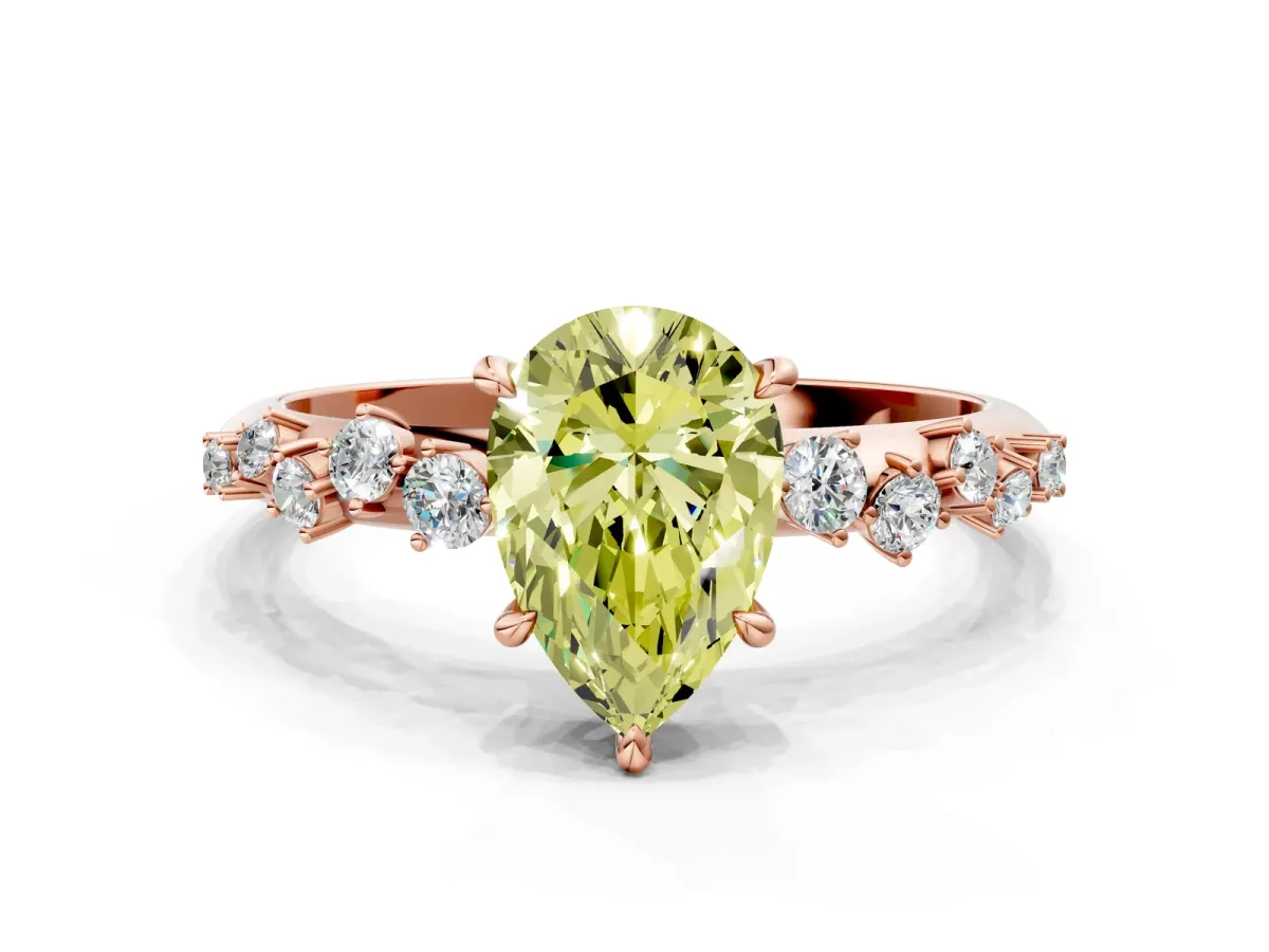 Fancy Yellow Pear Cut Diamond Cluster Side Stone Solitaire Ring with Prong Setting Rose gold