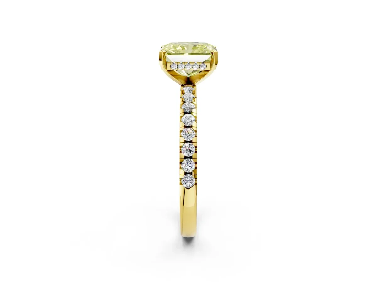 Fancy Yellow Radiant Cut Diamond Solitaire Ring with Round Pavé Band and Four-Prong Setting Yellow gold