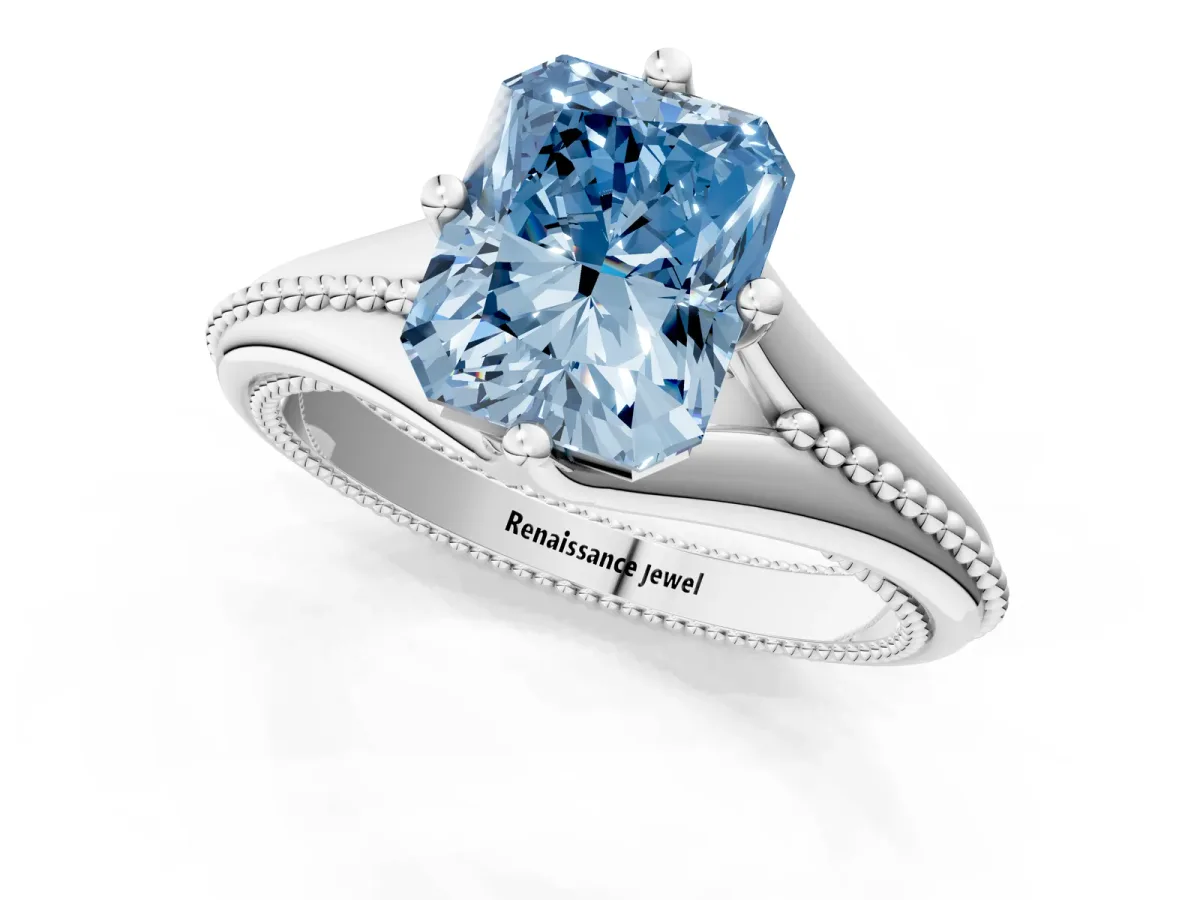 Fancy Blue Radiant Cut Solitaire Beaded Band Six-Prong Setting Platinum
