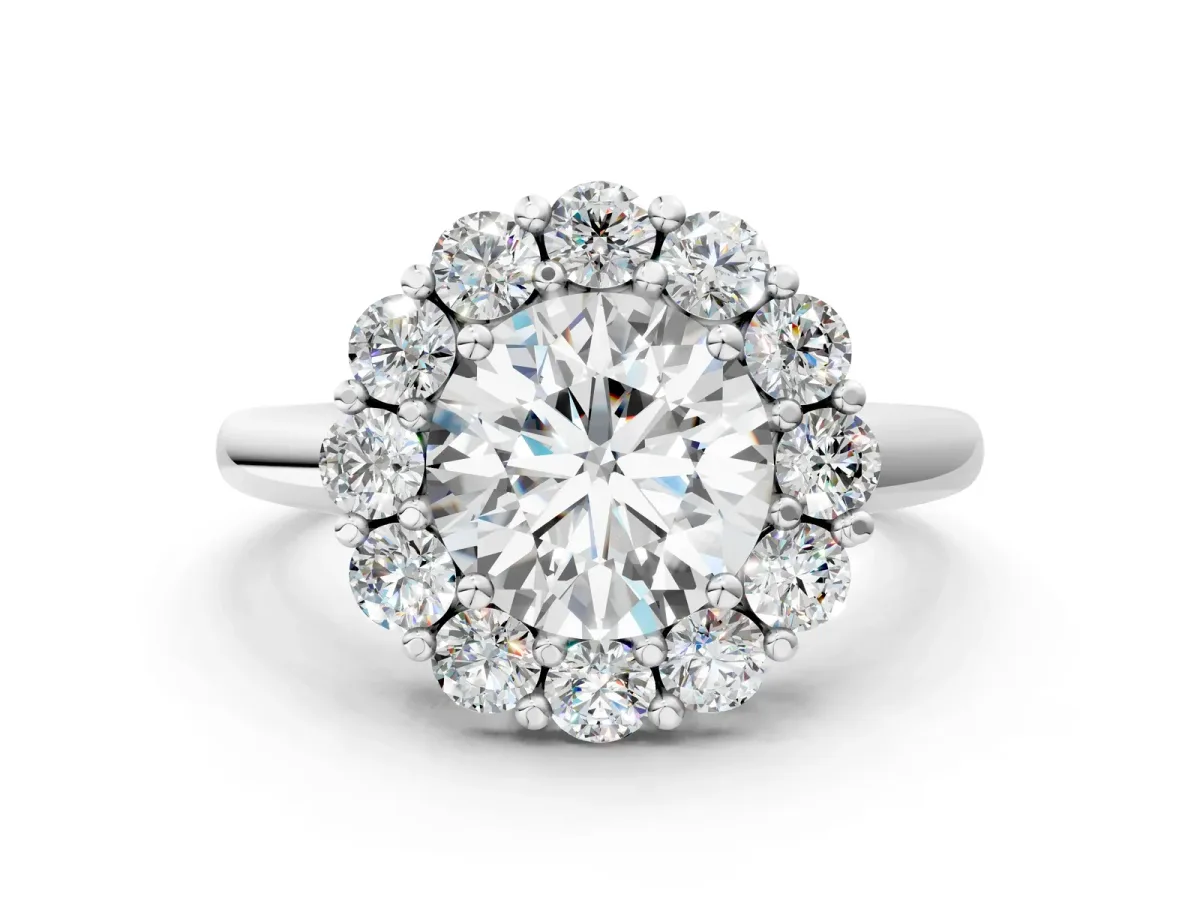 Round Cut Halo Cluster Diamond Engagement Ring with Prong Setting and Polished Band White gold