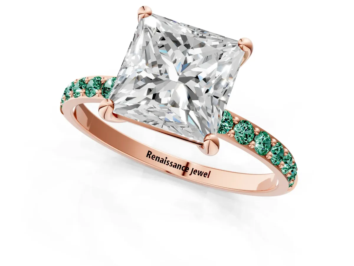 Princess Cut Diamond Solitaire Ring with Round Green Sapphire Pavé Band and Prong Setting Rose gold