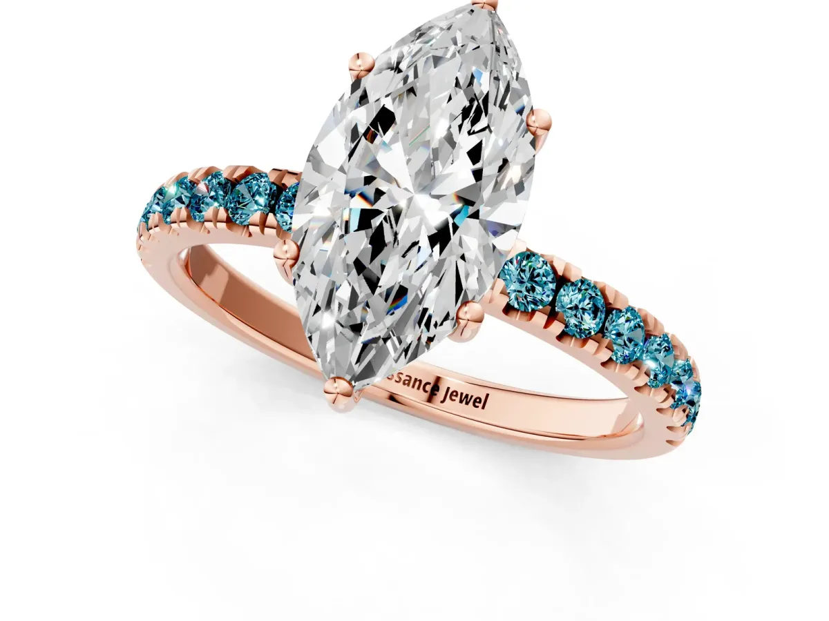 Marquise Cut Diamond Pave Band Solitaire Ring with Round Blue Topaz and Prong Setting Rose gold