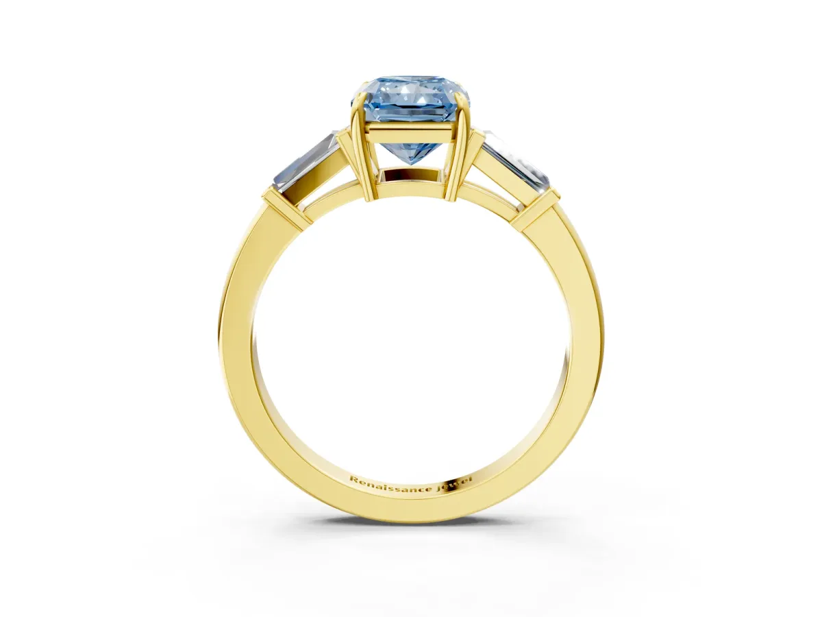 Fancy Blue Radiant Cut Diamond Three-Stone Ring with Tapered Baguette Side Stones and Prong Setting Yellow gold