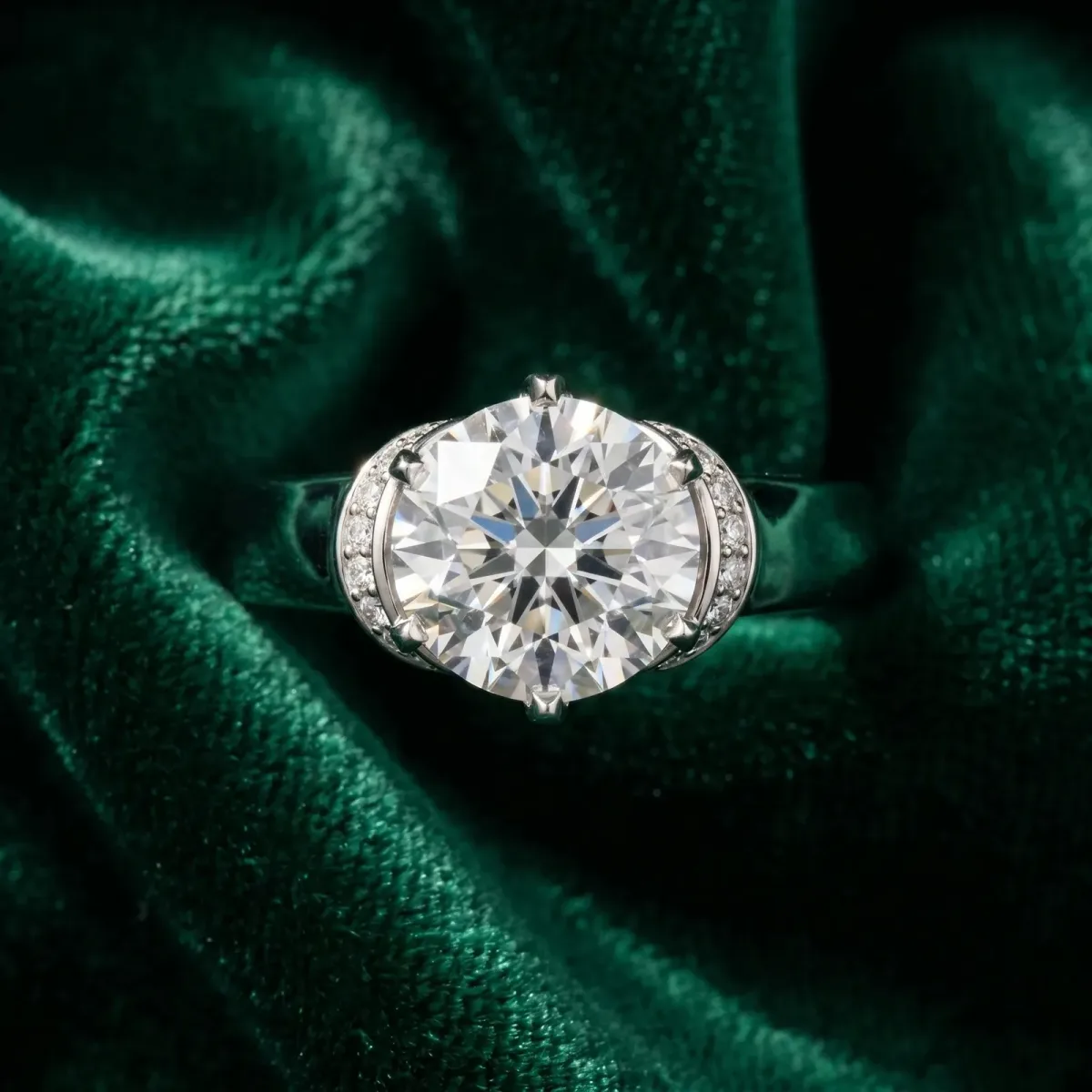 Round Cut Solitaire Diamond Ring with Pave Band and Six-Prong Setting Silver